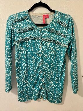 Charlotte Tarantola Teal Floral Ruffle Cardigan Sweater - Size Medium